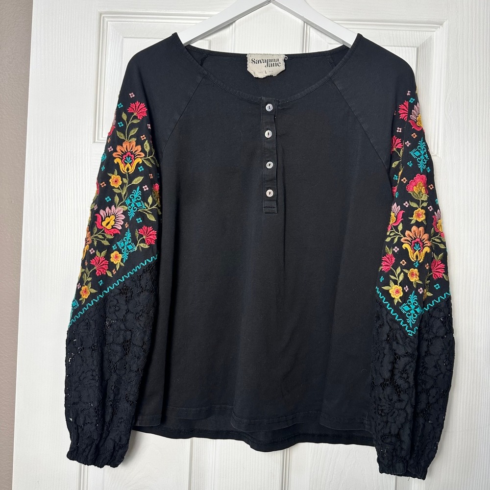 Savanna Jane Black Floral Long Lace Sleeve Embroidered Knit Top Henley Boho L